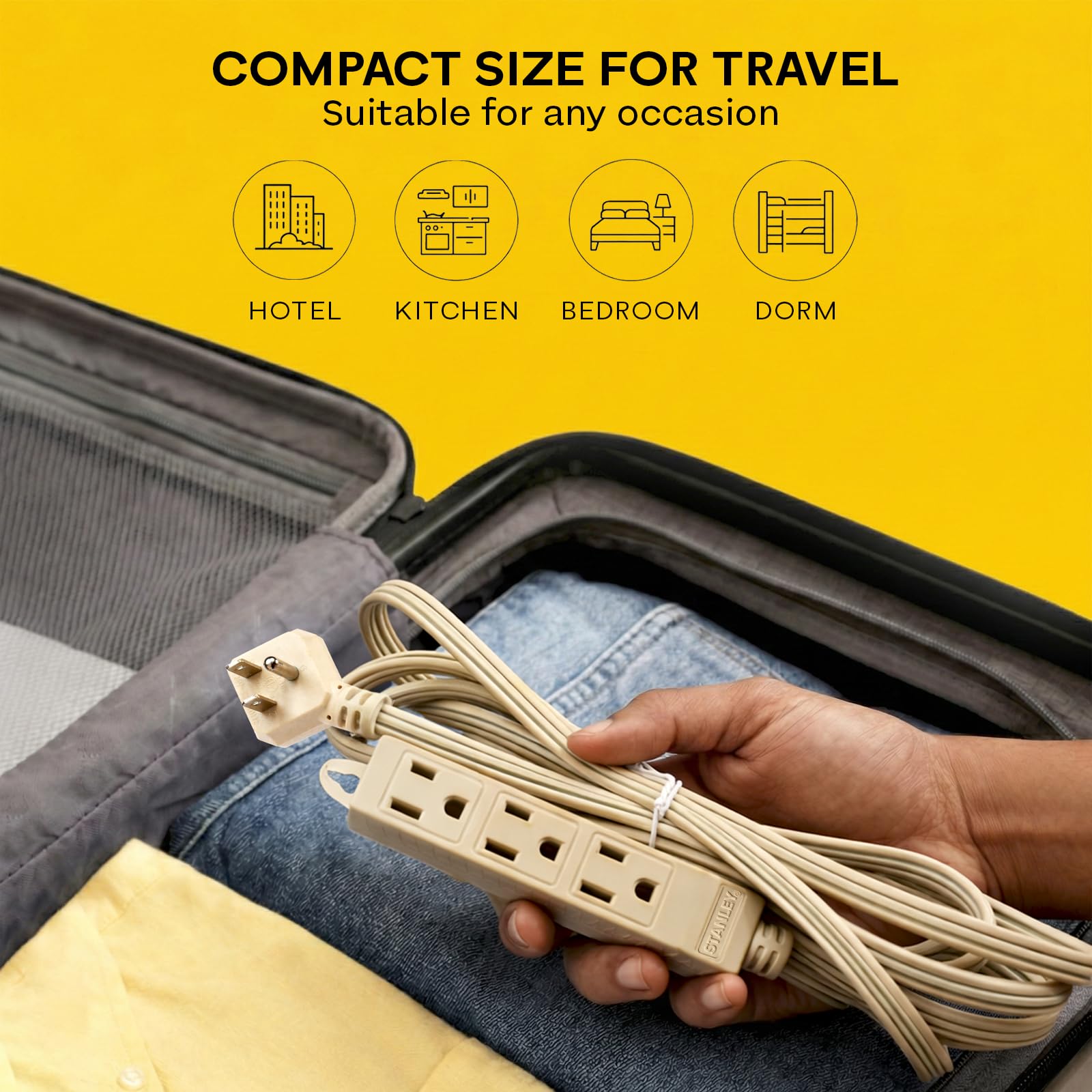 STANLEY CordMax Indoor Appliance Extension Cord 9 Ft Flexible Power Cable 3 Grounded Outlets 16/3 AWG Cable 125V/13A 1625W Beige for Indoor Use - Image 3