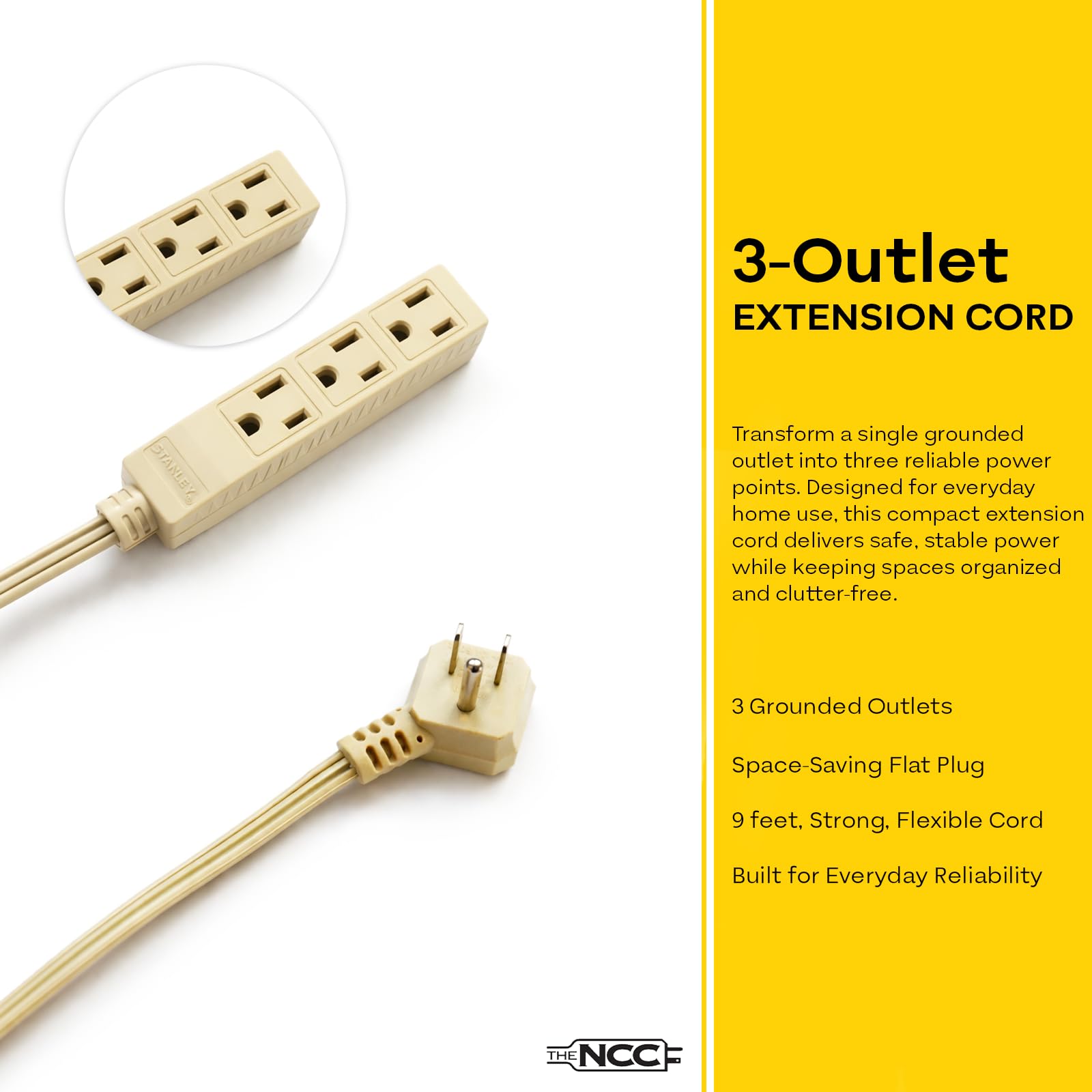 STANLEY CordMax Indoor Appliance Extension Cord 9 Ft Flexible Power Cable 3 Grounded Outlets 16/3 AWG Cable 125V/13A 1625W Beige for Indoor Use - Image 5