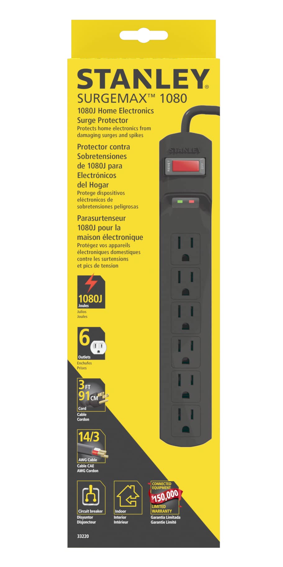 Stanley Indoor Surge Protector Power Strip with 6 Outlets 1080 Joules 3 Ft 14/3 AWG Extension Cord 125V/15A 1875W Circuit Breaker ETL Listed Black Cable for Home Office Use - Image 3