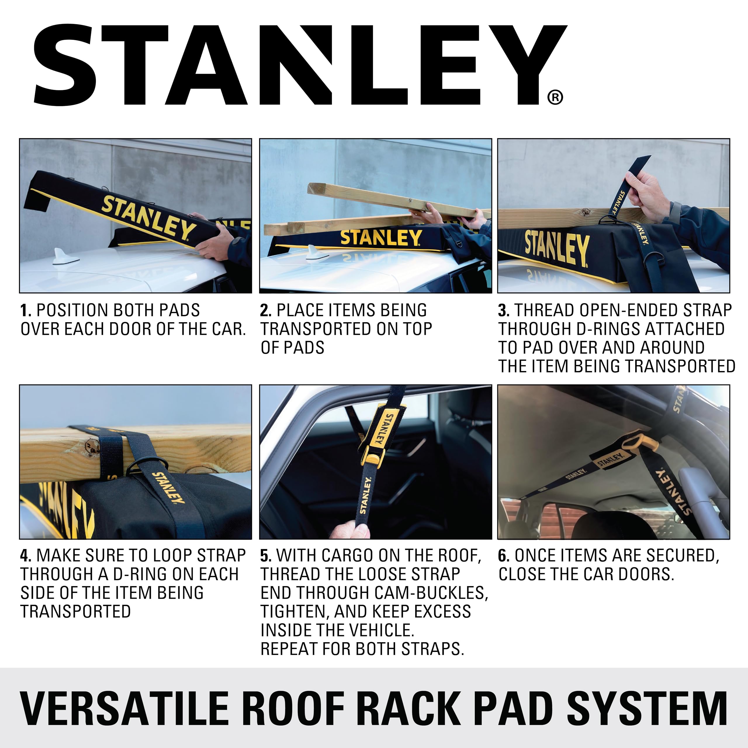 STANLEY S4000 Black/Yellow Universal Soft Roof Rack Pad and Luggage Carrier Kit with Heavy-Duty Tie Down Straps - Image 8
