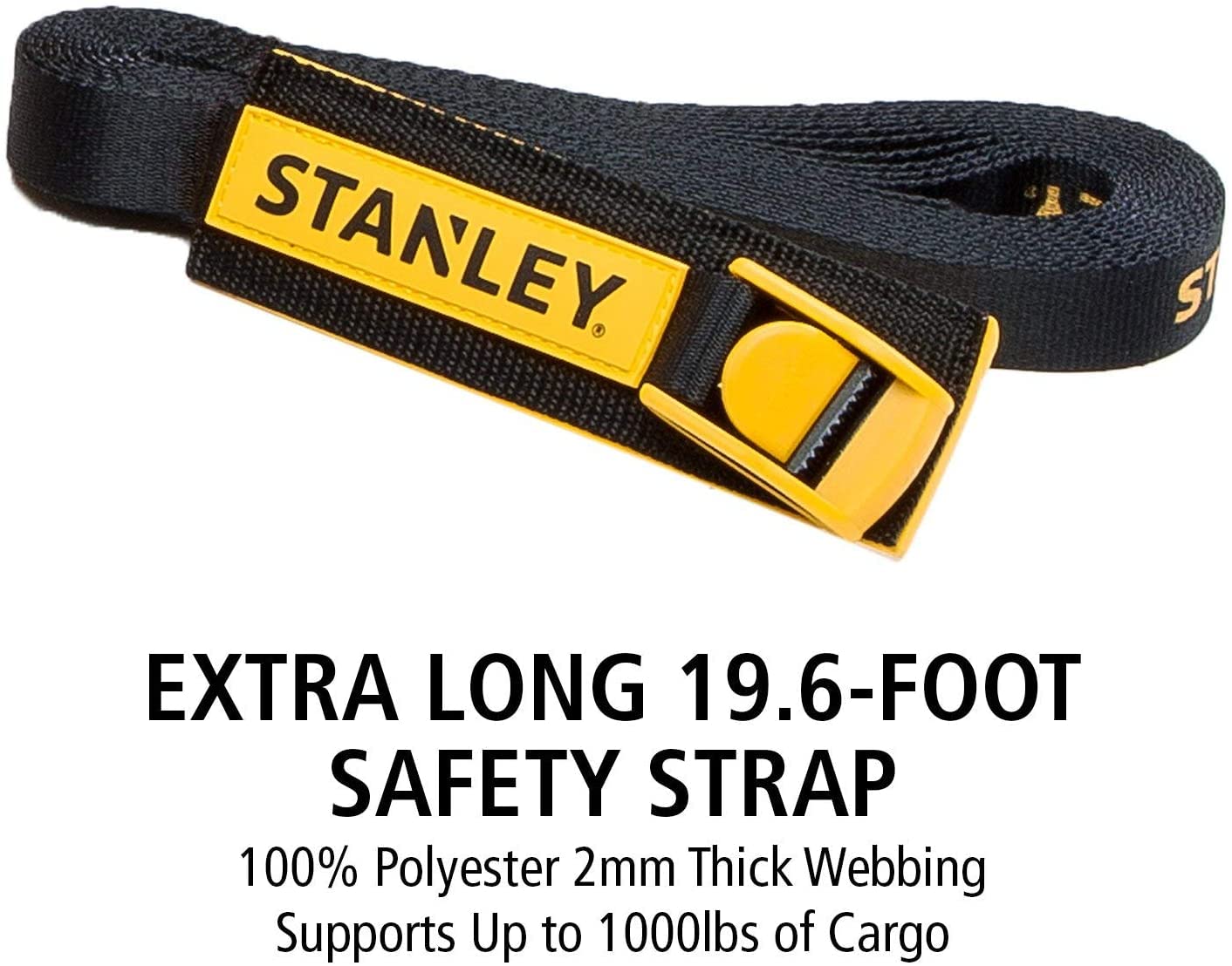STANLEY S4002 Black/Yellow 1" x 19.6' Cambuckle Tie Down Lashing Strap with Hooks - Heavy-Duty (Supports 1000 lbs of Cargo) - Image 3
